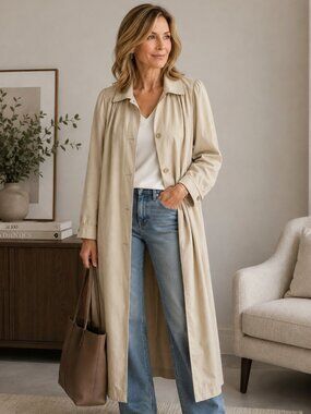 Vintage MHI Beige Long Trench Coat Duster Jacket Size 10 Minimalist Classic